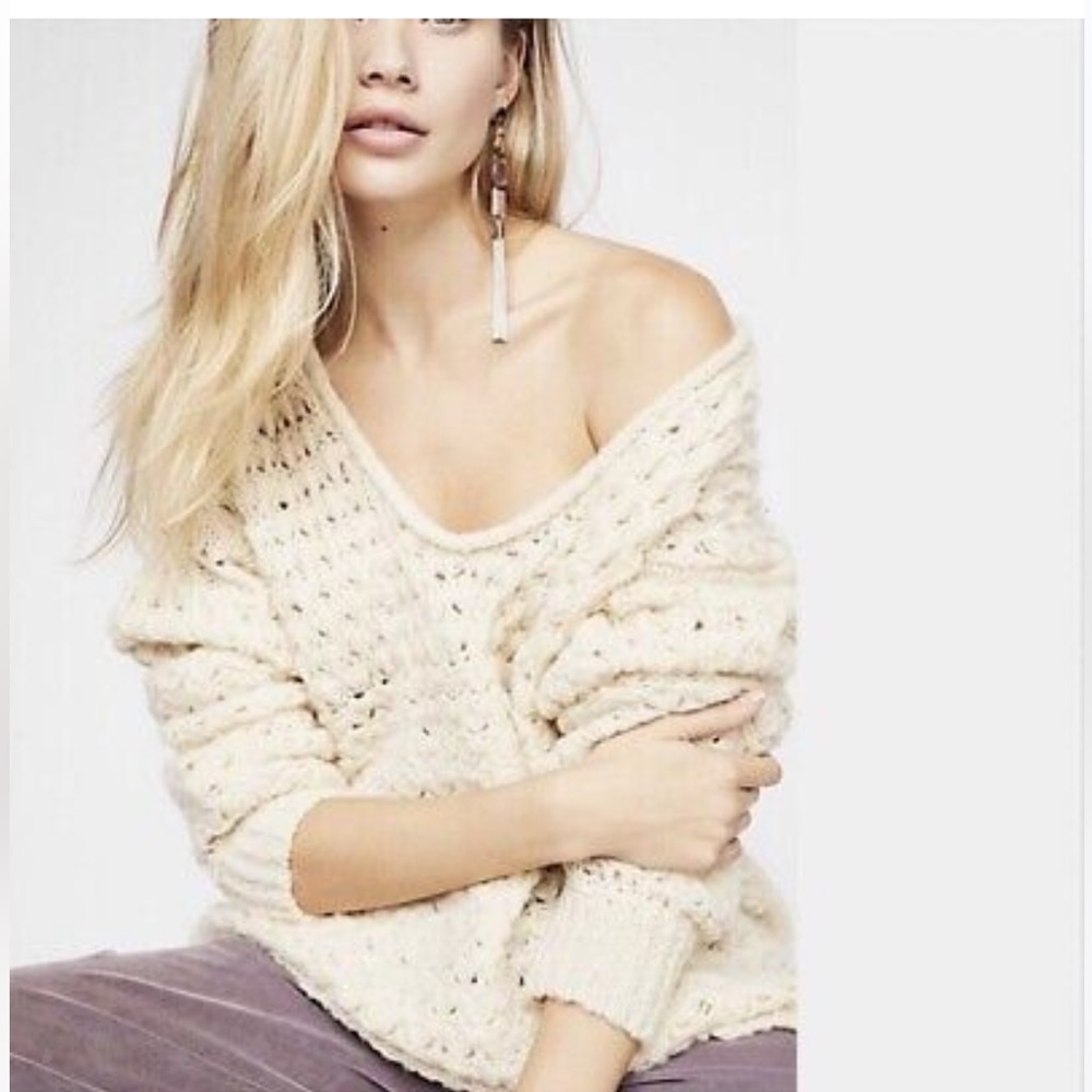 Free People Crashing Waves Pullover Sweater Ivory Large L  OB876204